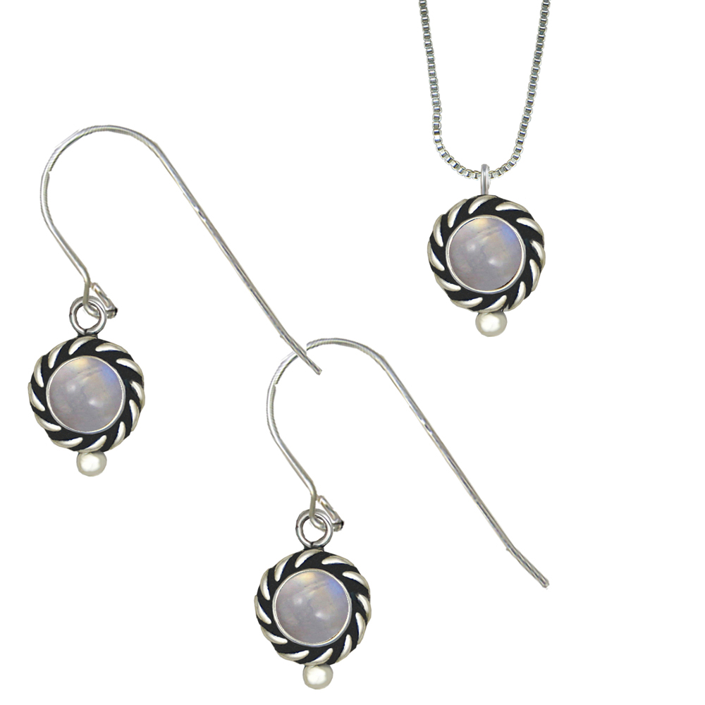 Sterling Silver Petite Necklace Earrings Set Rainbow Moonstone